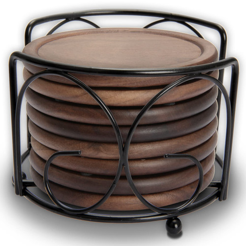 Wood Drink Coasters with Metal Holder, GOH DODD 4 Inch 8 Pieces Wooden Coasters Cup Coaster Set for Bar Kitchen Home Apartment, Walnut Wood