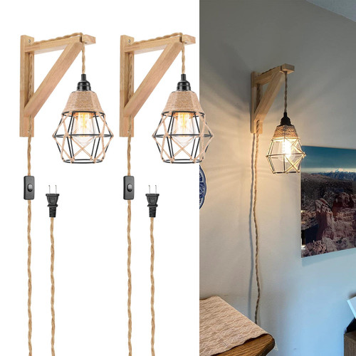 Frideko Wood Wall Sconces Set of Two Plug in, Rustic Wall Lamp with Plug in Cord, Farmhouse Wall Light Fixtures with 8.21FT On/Off Switch Cord, Indoor Sconces Wall Lighting for Bedroom Living Room