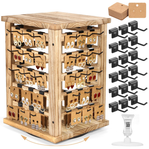 Wood Rotating Jewelry Earring Storage Display, Earring Display Stands for Selling Vendors Large Capacity Jewelry Displays with 60Hooks 60 earring cardboards Selling Rack Holder for Store Showcase Home