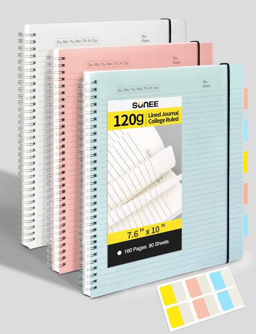 SUNEE 3 Pack Spiral Notebook - B5 Lined Journal Notebook, 120gsm Thick Paper, College Ruled, Giftable Journal for Study and Notes 80 Sheets, 7.6" x 10", Blue, Pink, Transparent