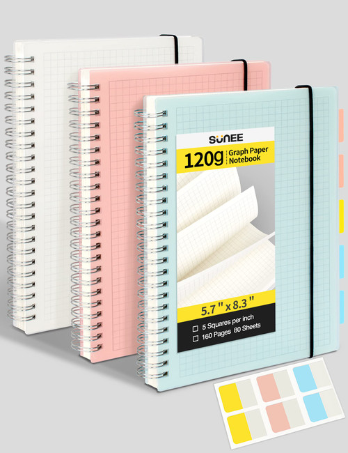 SUNEE Graph Paper Notebook - 3 Pack A5 Spiral Grid Notebook, 5.7" x 8.3", 5 X 5mm Graph Ruled (5 sq/in), 120gsm Thick Paper, 80 Sheets, Blue, Pink, Transparent