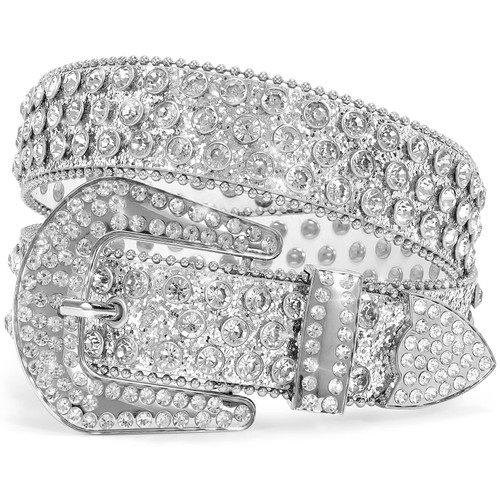 XZQTIVE Men Women Rhinestones belt Western Cowgirl Cowboy Vintage Bling Crystal Diamond Studded Leather Belt for Jeans Pants Dress(All Silver, Fit waist 36-38 inch)