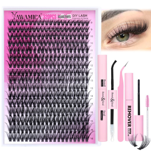 Eyelash Extension Kit 320pcs Lash Clusters D Curl DIY Lash Extension Kit 9-16mm Mix 40D Individual Lashes with Lash Bond and Seal and Remover Lash Applicator DIY Lash Kit for Lash Extension Beginners