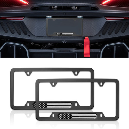 yonwait 2 PCS Aluminum Alloy Car License Plate Holder, American Flag License Plate Frames, for Front and Rear Car Tags (Black)