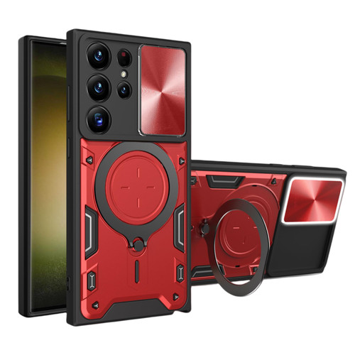 OIOMAGPIE Lens Protection Push Window Bracket Phone Case for Samsung Galaxy S23 S22 S21 Ultra Plus FE, Ring Magnetic Armor Shell, Shockproof Stand Back Cover(Red,S22 Plus)