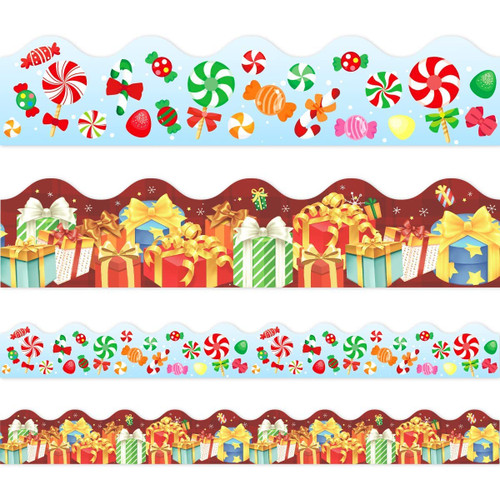 Christmas Bulletin Board Borders Double-Sided Gift and Peppermint Straight Border Trim for Classroom Decoration Bulletin Board Whiteboard 36ft