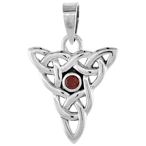 Sterling Silver Triquetra Celtic Trinity Knot Necklace Red CZ, 1 inch Tall