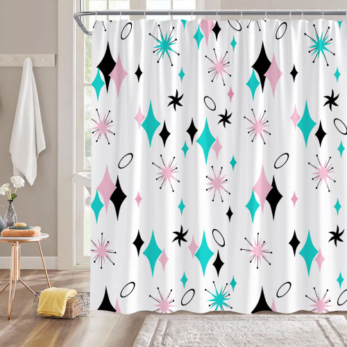 Mid Century Modern Shower Curtain Turquoise Diamond Atomic Starbursts Retro Abstract Geometric Vintage Classic 1950S 1960S Minimalist Fabric Decorative Bathroom Curtains with Hooks,Turquoise Pink