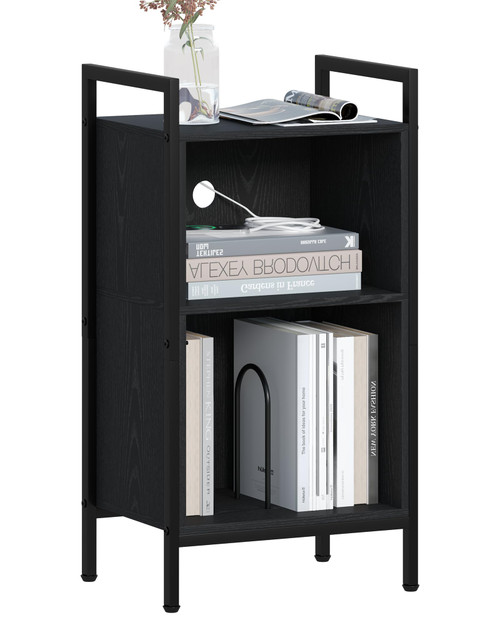 Yusong 3 Tier End Table, Tall Side Table With Storage Cabinets, Bedside Table Nightstand Small Bookcase for Small Space in Living Room, Bedroom, Office, Oak Black