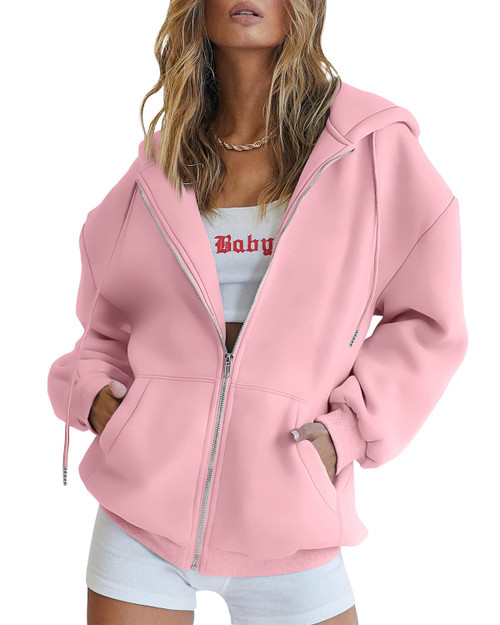 EFAN Women's Cute Tops 2023 Outfits Teen Girl Jacket Hoodies Long Sleeve Sweatshirts Casual Tops Zip Up Trendy Winter Clothes Pink