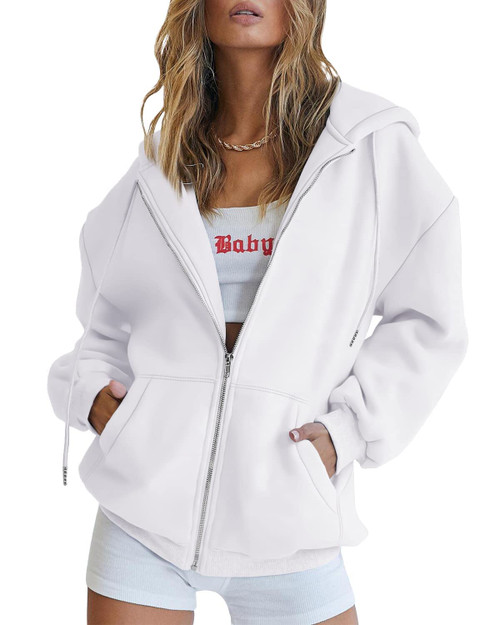 Trendy Queen Womens Hoodies White Sweaters Y2K 2023 Fall Clothes Oversized Sweatshirt Zip up Fleece Jackets Long Sleeve Comfy Aesthetic Teen Girls Trendy Cute Clothing