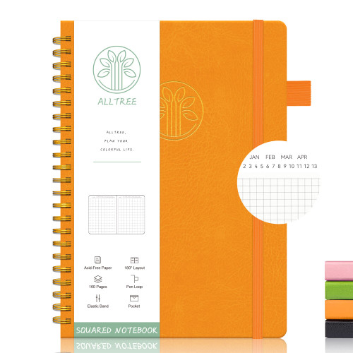 Graph Notebook Journal, Spiral Graph Grid Notebook, Hardcover Graph Notebook, Medium A5, ALLTREE Twin Wire Spiral Bound Notebook with Date & Month Recording, Pen Loop, Pocket, Stickers, 160 Pages, Journal for Women & Men, Orange(6"x8.5")