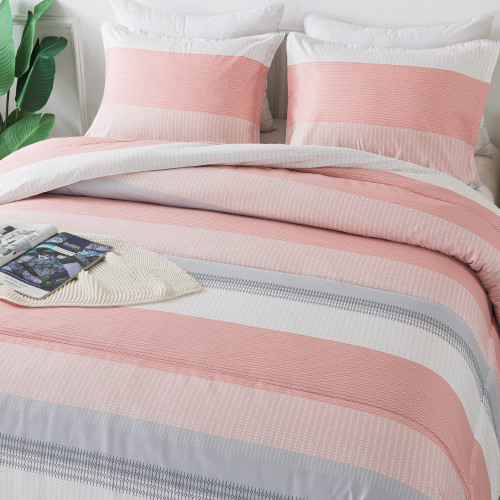 Andency Stripe Comforter Set Queen Size (90x90 Inch), 3 Pieces Pink Patchwork Striped Comforter, Soft Microfiber Down Alternative Comforter Bedding Set with Corner Loops