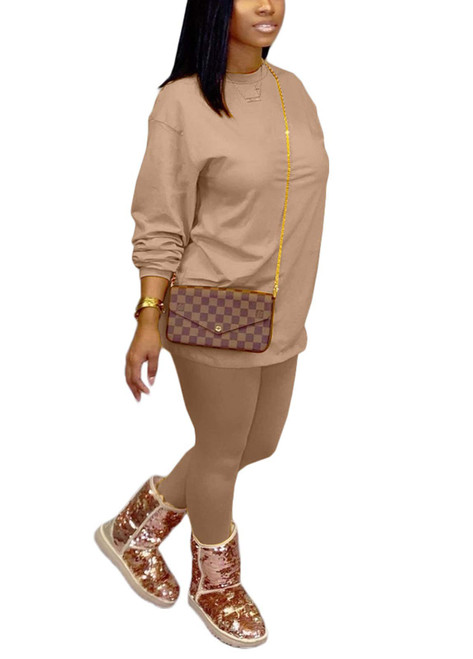 Wonen Two Piece Tracksuit Outfit Loose Pullover Sweatshirt Skinny Long Pants Jogging Suit Workout Set Khaki S