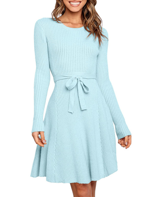 ANRABESS Sweater Dresses for Women 2023 Fall Long Sleeve Crewneck Comfy Warm Mini Tie Waist A Line Swing Tight Belted Fit and Flare Rib Knitted Bodycon Midi Cocktail Dress 669-fenlan-S Light Blue