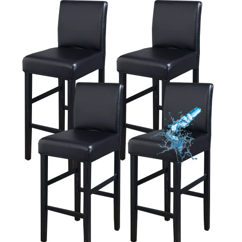 Bar Stool Covers,4 Pack Stretch Waterproof PU Bar Stool Covers with Backs Removable Bar Stool Chair Covers Basrstool Covers Slipcovers with Back Pub Counter Chair Covers with Elastic Bands Black