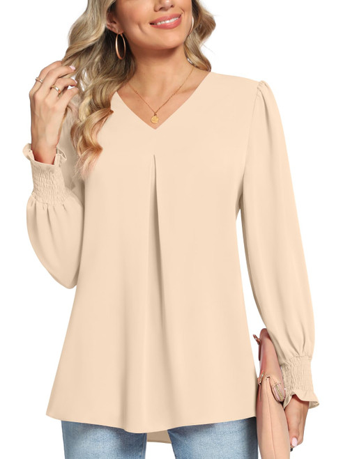 Anyally Women's Dressy Chiffon Blouses V Neck Puff Sleeve Tunic Tops for Leggings Elegant T-Shirts with Smocked Cuffs, L Khaki