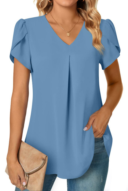 Anyally Womens Summer Dressy Chiffon Blouses V Neck Petal Short Sleeve Tunic Tops for Leggings Casual T-Shirts, M Blue