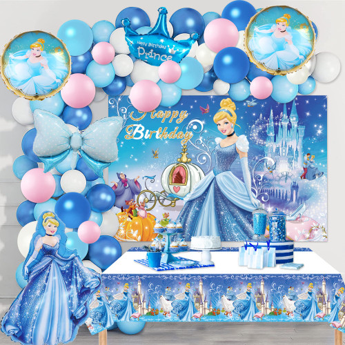 110PCS Princess Balloon Garland Arch Kit with Hot Blue Pink Balloon Tablecloth Backdrop for Girls Theme Party Background Balloon Decorations Birthday Baby Shower Princess Themed Decorations