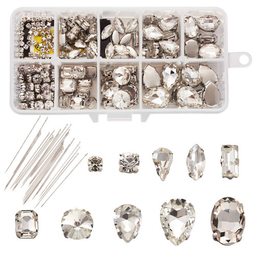 Beadthoven 180pcs Crystals Sew On Rhinestones with Needles Glass Clear Gems Mix Shape Sew On Claw Rhinestone with Metal Back Prong Setting for DIY Dress Clothing Shoes Bag Decorations