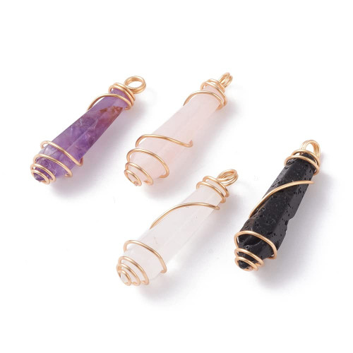 Beadthoven 25pcs Mix Bullet Shape Natural Stone Charms Pendants Wire Wrapped Pointed Healing Chakra Reiki Quartz Crystal Gemstone Pendants for DIY Necklace Jewelry Making Accessories
