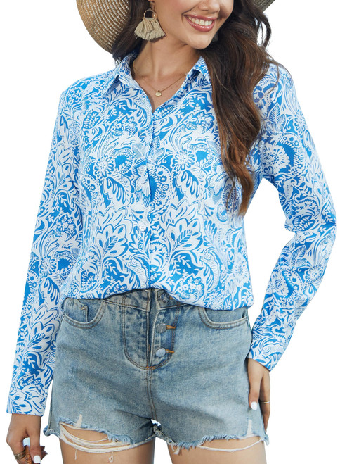 BBIBBI Womens Tops Button Down Blouse Floral Shirts for Women Fashion Paisley Blue Shirt and Long Sleeve Dressy Casual Blouses White Blue Size XS