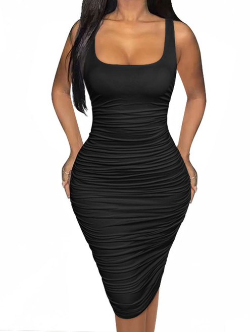 BEAGIMEG Women's Sexy Bodycon Sleeveless Ruched Tank Top Casual Basic Club Party Midi Dress Black BEAGIMEG Women's Sexy Bodycon Sleeveless Ruched Tank Top Casual Basic Club Party Midi Dress Black
