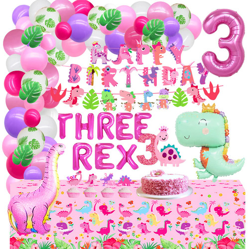 Pink Dinosaur Party Supplies For Girls 3rd Birthday?Three Dino-Rex Birthday Party Decorations Girl?Pink Three Birthday Dino-Rex Birthday Party Decorations?3rd Birthday Decorations For Girls Dinosaur?