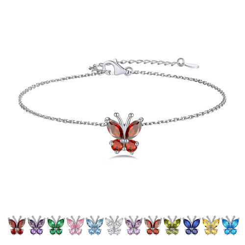 Bestyle Butterfly Ankle Bracelets for Teen Girls - July Birthstone Bracelets for Women Gemstone Ruby Ankle Foot Chain Sterling Silver Anklets for Women for Sensitive Skin Birthday Jewelry