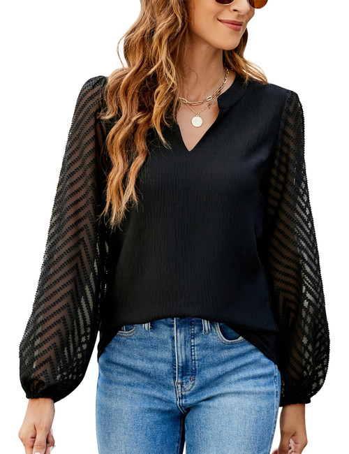 Blooming Jelly Womens Long Sleeve Tops Dressy Casual Chiffon Blouses V Neck Fall Shirts 2023(Medium,Black)