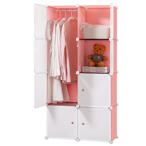 BRIAN & DANY Portable Wardrobe Closet for Hanging Clothes, Bedroom Armoire with Doors, Modular Cabinet for Space Saving, Ideal Storage Organizer Cube for Books, Toys, Towels (8-Cube), Pink