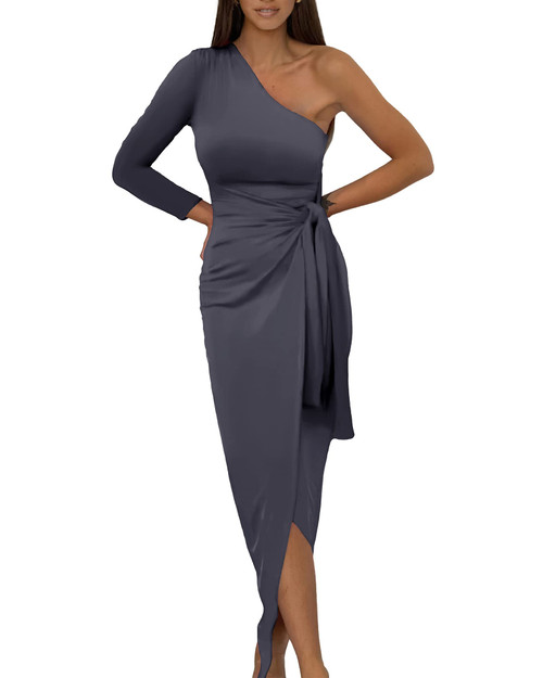 BTFBM Women Elegant Long Sleeve One Shoulder Cocktail Dress Bodycon Ruched Tie Waist Wrap Dress Solid Color Midi Party Dress(Solid Dark Grey,Small)