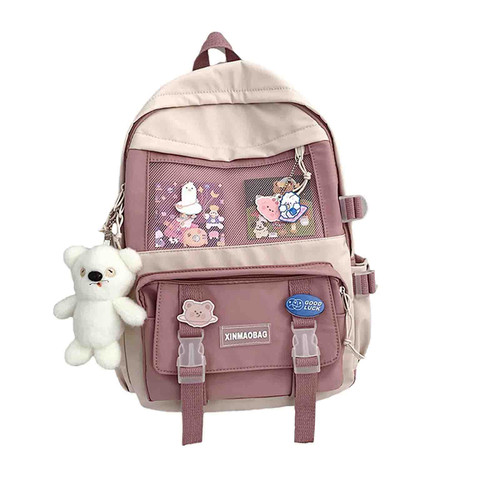 BXCNCKD Kawaii Backpack with Pins Kawaii School Backpack Cute Aesthetic Backpack Cute Kawaii Backpack for School (pink)