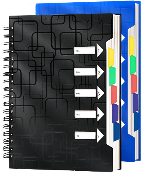 CAGIE 2 Pack Spiral Notebook for Work 5 Subject Notebook with Dividers Tabs B5 Spiral Bound Journal Wide Ruled 240 Pages for School Office Business Supplies Notebook Taking,10.16"x7.4" (Black&Blue)
