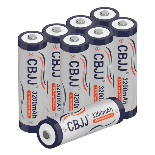 CBJJ 3.7 Volt Rechargeable Battery Button Top 3200mAh 3.7V 1?8?6?5?0 Batteries for Flashlight, Headlamp, etc (8 Pack, Grey)