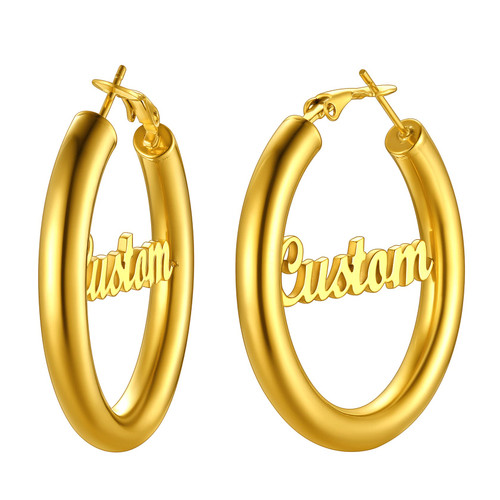 Name Hoop Earrings for Women Statement Jewelry 40mm 18K Gold Plated Circle Round Vintage Personalized Customize Huggie Earrings