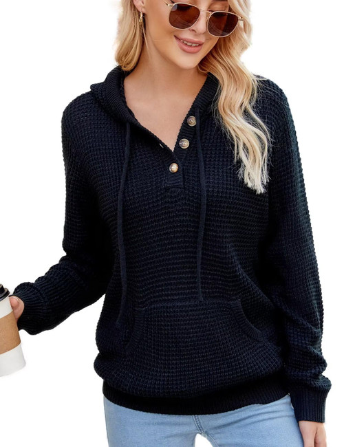 CiCiBird Women Fall Hoodies Sweater Knit V Neck Tops Oversized Fashion Pullover Casual Long Sleeve Shirts with Pockets Black L