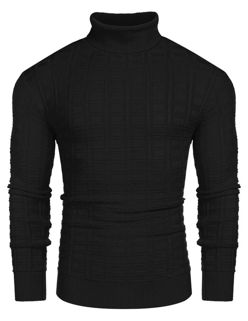 COOFANDY Men's Slim Fit Turtleneck Sweater Casual Solid Waffle Knitted Pullover Sweaters Black