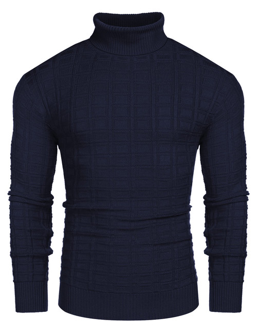 COOFANDY Men's Slim Fit Turtleneck Sweater Casual Solid Waffle Knitted Pullover Sweaters Royal Blue