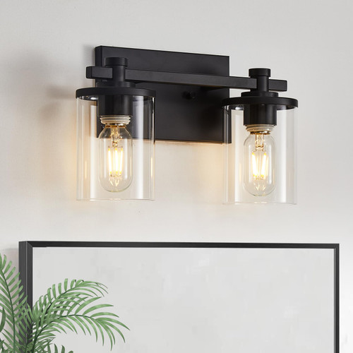 DADUL 2 Lights Bathroom Vanity Lights, Matte Black Bathroom Light fixtures Over Mirror, Bathroom Wall Sconces with Clear Glass Shade, Vanity Light Fixture for Bedroom Hallway Living Room DADUL 2 Lights Bathroom Vanity Lights, Matte Black Bathroom Light fixtures Over Mirror, Bathroom Wall Sconces with Clear Glass Shade, Vanity Light Fixture for Bedroom Hallway Living Room