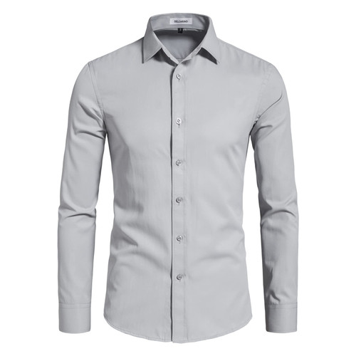 DELCARINO Men's Long Sleeve Button Up Shirts Solid Slim Fit Casual Business Formal Dress Shirt Grey Medium