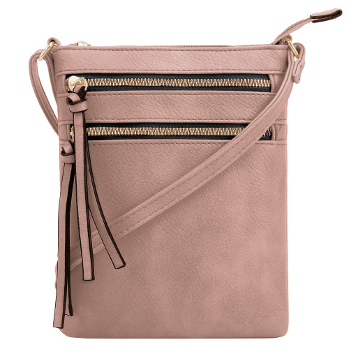 DELUXITY | Crossbody Purse Bag | Functional Multi Pocket Double Zipper Purse | Adjustable Strap | Medium Size Purse |Mauve