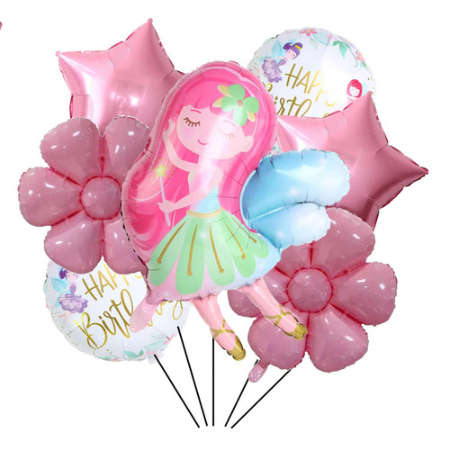 7Pcs Fairy Princess Foil Balloons Floral Wonderland Fairies Pink Daisy Mylar Balloons for Magica Fairy Tale Themed Party Decorations Baby Shower