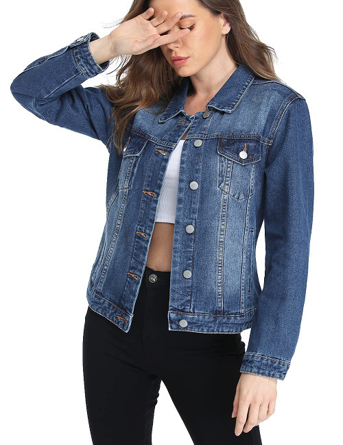 Dilgul Women's Denim Jacket Casual Long Sleeve Basic Button Down Denim Jean Jacket Blue L