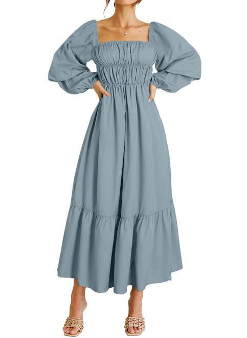 Dokotoo Flowy Summer Dress for Women Puffy Long Lanter Sleeve Square Neck Smocked Tiered Ruffle Sky Blue Dresses Elastic Waist Maxi Dress Large