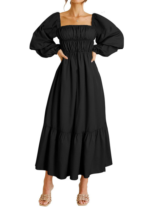 Dokotoo Women's Casual Summer Dress Puffy Long Sleeve Square Neck Smocked Tiered Ruffle Black Dresses Elastic Waist Midi Dress Large