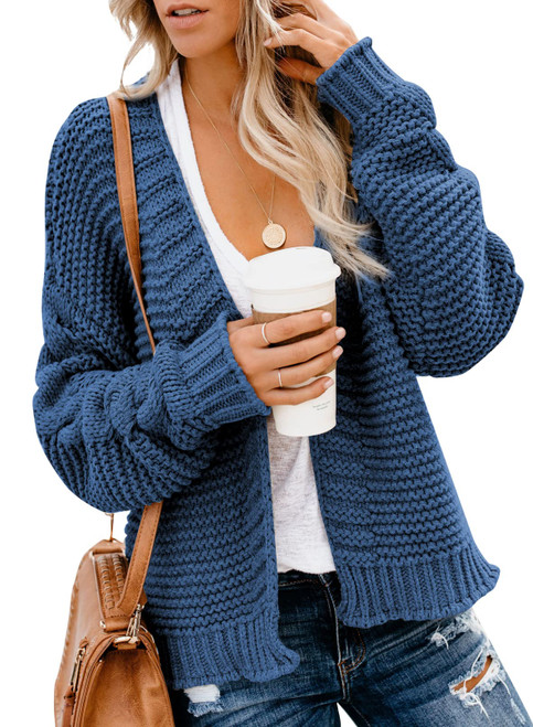 Dokotoo 2023 Womens Fall Cardigan Sweaters Casual Open Front Long Sleeve Solid Cable Knit Chunky Ribbed Winter Stylish Loose Ladies Girls Cardigans Coats Jackets Outerwear Blue XL