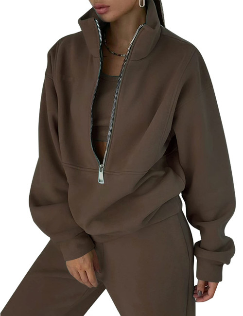 Eisctnd Sweatshirt Set Hoodie Jogging Suits for Women Joggers Pants Half Zipper Sweatshirt Sweat Suits 2 Piece Coffee XXL