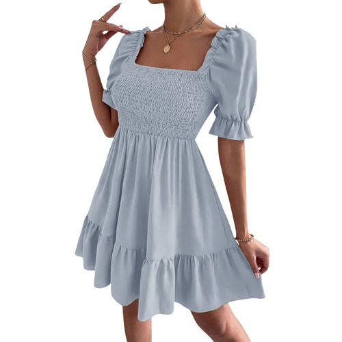 Women's Square Neck Ruffle Dress Short Sleeve Aline Swing Mini Cocktail Party Chiffon Dress Blue L