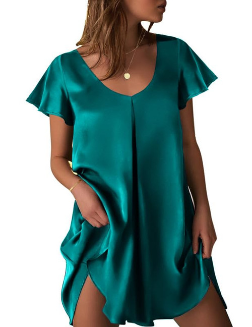 Ekouaer Women Plus Size Satin Sleep Shirts Short Sleeve Nightgown V-Neck Sleepwear Pleated Silk Pajama Dress Blue Green XL